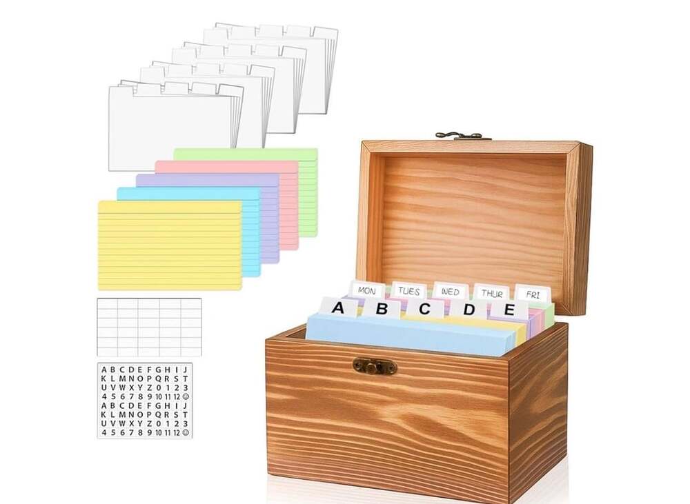 Wood 4x6 Index Card Holder Box Set with 100 Flash Cards and 30 Dividers